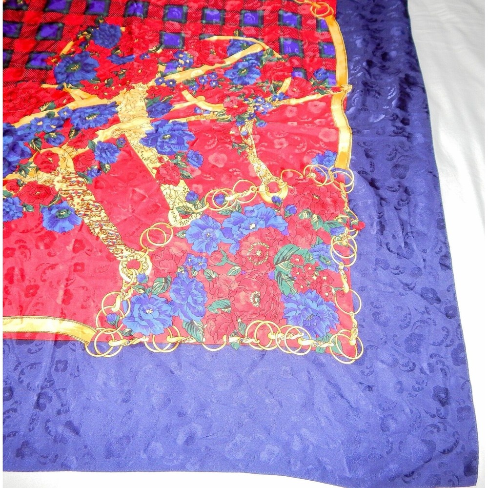 Ricki Freeman For Teri Jon Floral Silk Scarf Navy Red Gold Plaid Korea - Picture 7 of 16